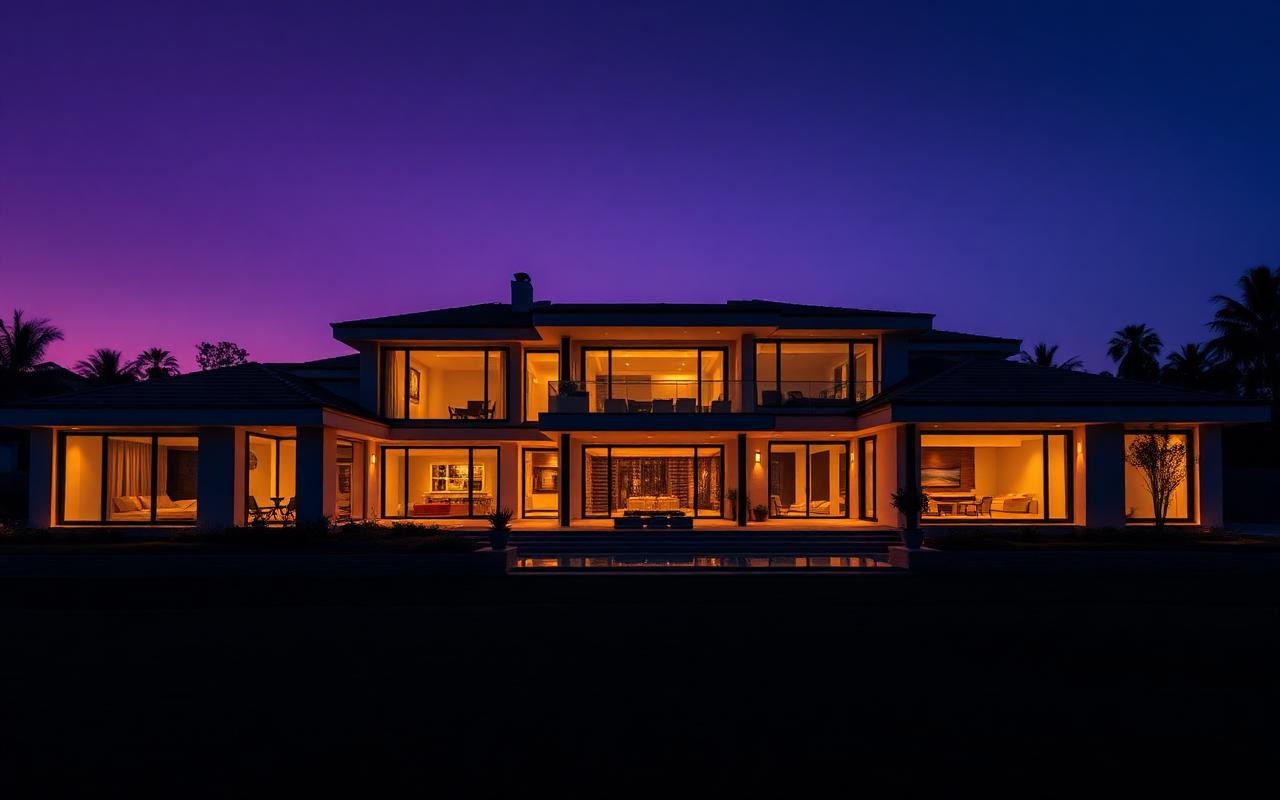 Façade de maison en ambiance crépuscule